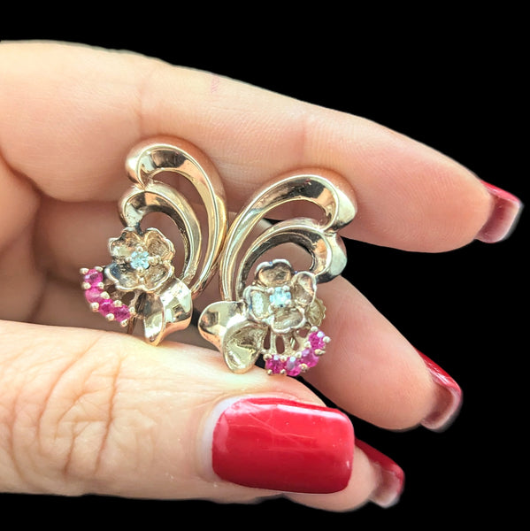 1940s Retro Era Diamonds Rubies 14k Rose Gold Earrings Floral Vintage Non Pierced 
