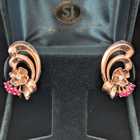 1940s Retro Era Diamonds Rubies 14k Rose Gold Earrings Floral Vintage Non Pierced 