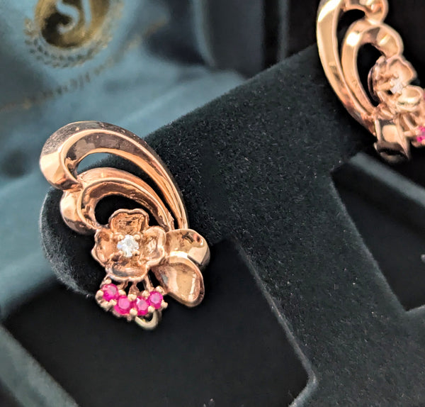 1940s Retro Era Diamonds Rubies 14k Rose Gold Earrings Floral Vintage Non Pierced 