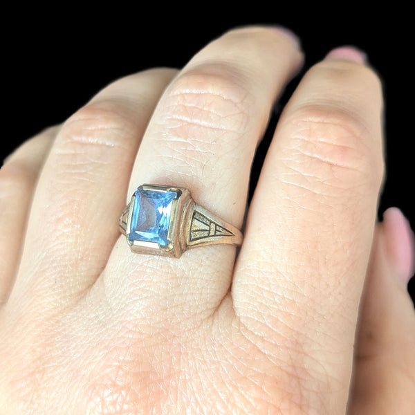 Vintage Blue Gemstone 10k Yellow Gold Ring Retro Estate Jewelry Gift