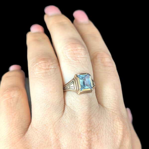 Vintage Blue Gemstone 10k Yellow Gold Ring Retro Estate Jewelry Gift