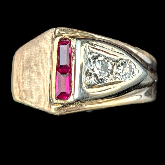 1940s Retro Era Old European Cut Diamond Ruby Ring 14k Yellow Gold Band Vintage