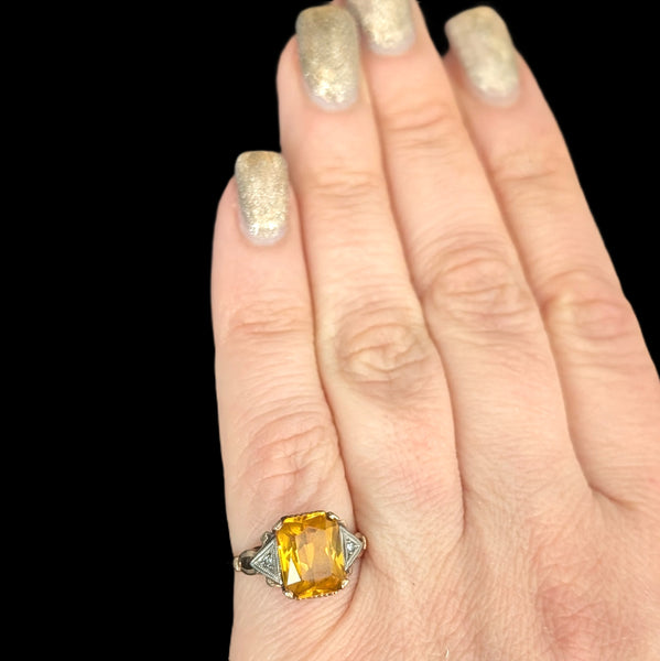 1940s Retro Era Yellow Lab Created Sapphire Emerald Cut Diamonds 10k Gold Ring Vintage