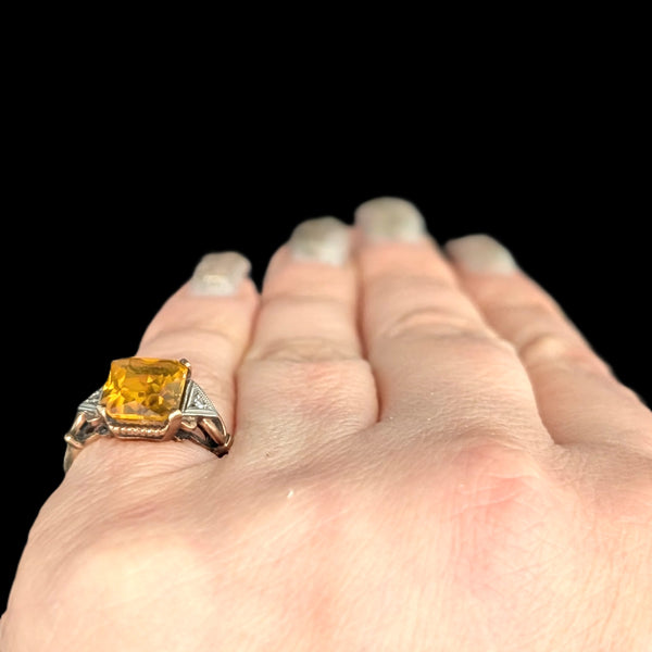 1940s Retro Era Yellow Lab Created Sapphire Emerald Cut Diamonds 10k Gold Ring Vintage