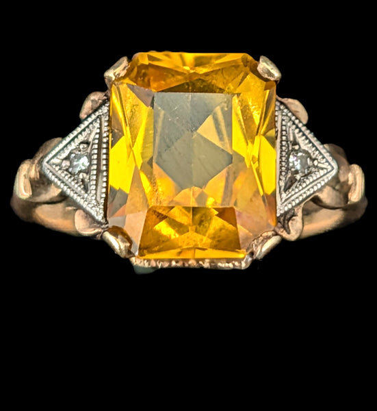 1940s Retro Era Yellow Lab Created Sapphire Emerald Cut Diamonds 10k Gold Ring Vintage