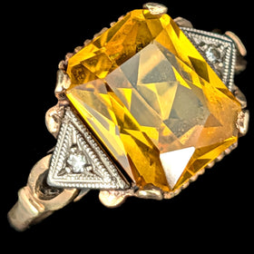 1940s Retro Era Yellow Lab Created Sapphire Emerald Cut Diamonds 10k Gold Ring Vintage