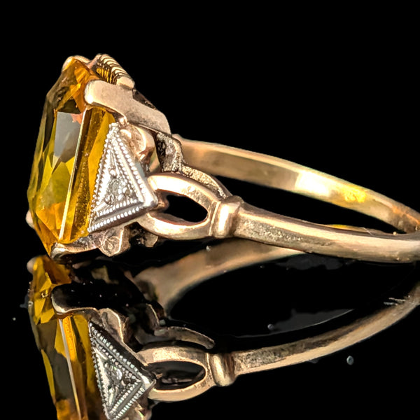1940s Retro Era Yellow Lab Created Sapphire Emerald Cut Diamonds 10k Gold Ring Vintage