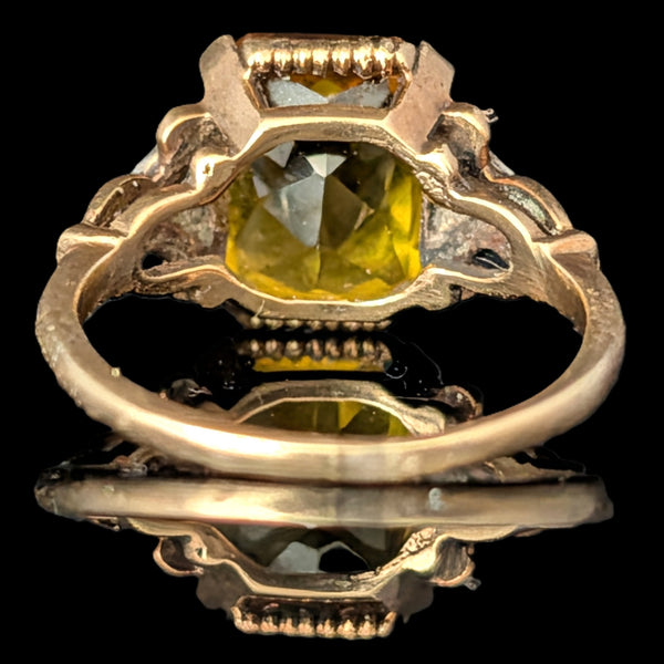 1940s Retro Era Yellow Lab Created Sapphire Emerald Cut Diamonds 10k Gold Ring Vintage