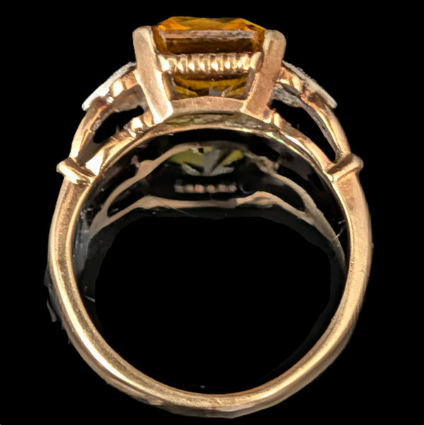 1940s Retro Era Yellow Lab Created Sapphire Emerald Cut Diamonds 10k Gold Ring Vintage