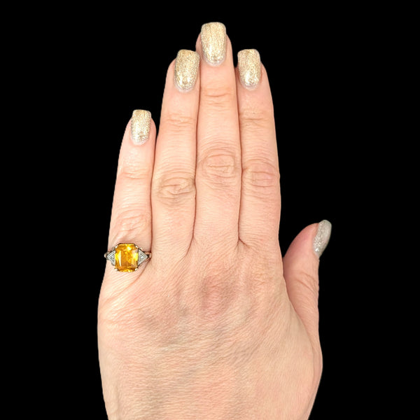 1940s Retro Era Yellow Lab Created Sapphire Emerald Cut Diamonds 10k Gold Ring Vintage