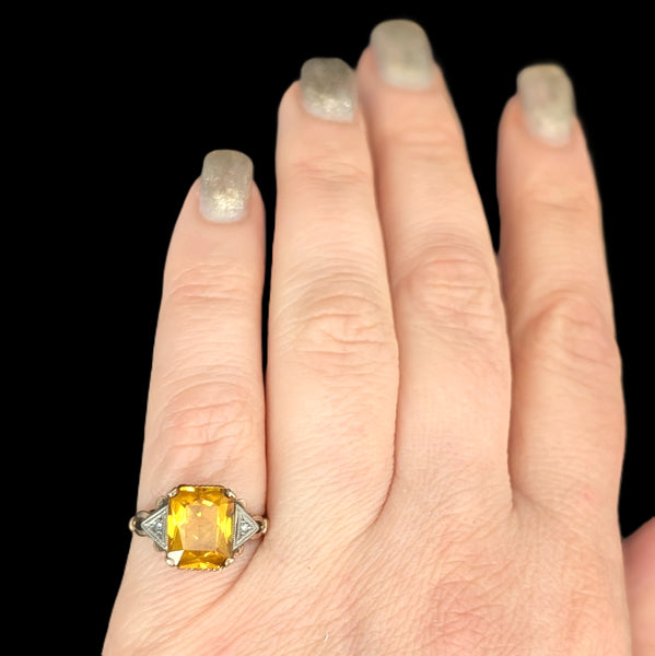 1940s Retro Era Yellow Lab Created Sapphire Emerald Cut Diamonds 10k Gold Ring Vintage