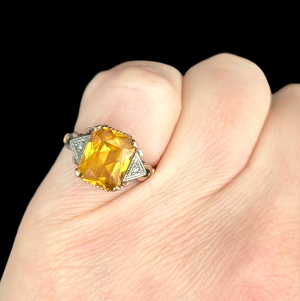 1940s Retro Era Yellow Lab Created Sapphire Emerald Cut Diamonds 10k Gold Ring Vintage