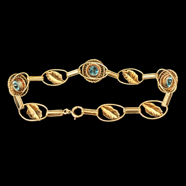 1940s Vintage Blue Gemstone 10k Yellow Gold Bracelet Leaf Floral Retro Era Estate