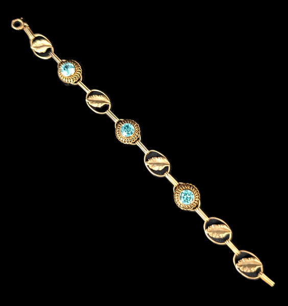 1940s Vintage Blue Gemstone 10k Yellow Gold Bracelet Leaf Floral Retro Era Estate