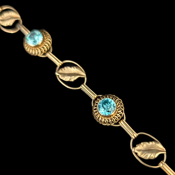 1940s Vintage Blue Gemstone 10k Yellow Gold Bracelet Leaf Floral Retro Era Estate