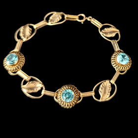 1940s Vintage Blue Gemstone 10k Yellow Gold Bracelet Leaf Floral Retro Era Estate