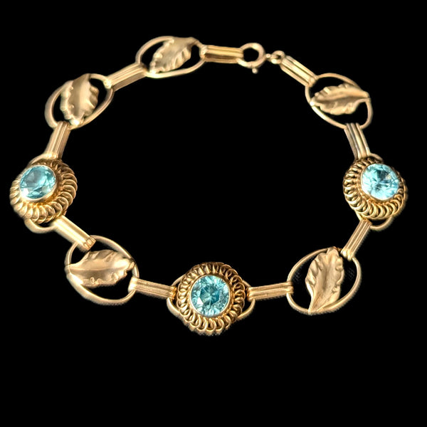 1940s Vintage Blue Gemstone 10k Yellow Gold Bracelet Leaf Floral Retro Era Estate