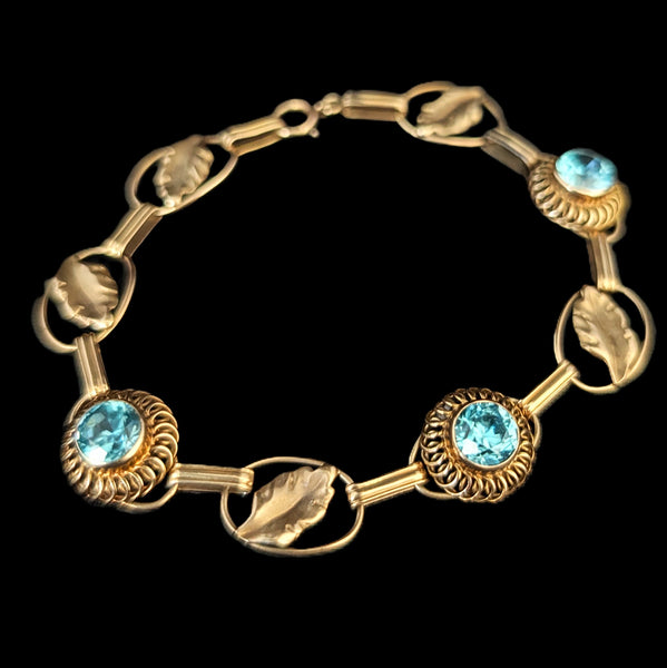 1940s Vintage Blue Gemstone 10k Yellow Gold Bracelet Leaf Floral Retro Era Estate