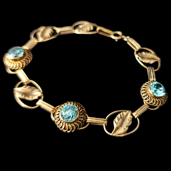 1940s Vintage Blue Gemstone 10k Yellow Gold Bracelet Leaf Floral Retro Era Estate
