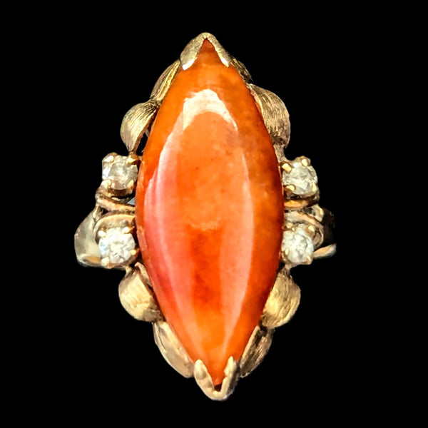 1940s Vintage Coral Diamonds 14k Yellow Gold Navette Cocktail Ring Retro Estate