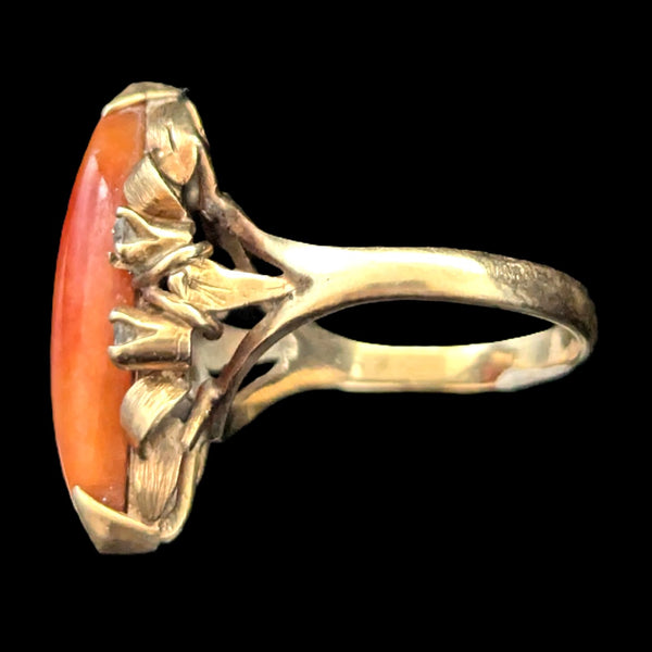 1940s Vintage Coral Diamonds 14k Yellow Gold Navette Cocktail Ring Retro Estate