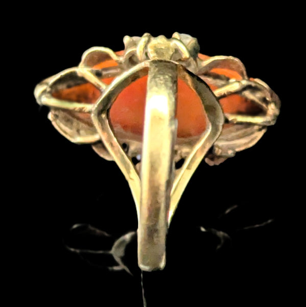 1940s Vintage Coral Diamonds 14k Yellow Gold Navette Cocktail Ring Retro Estate