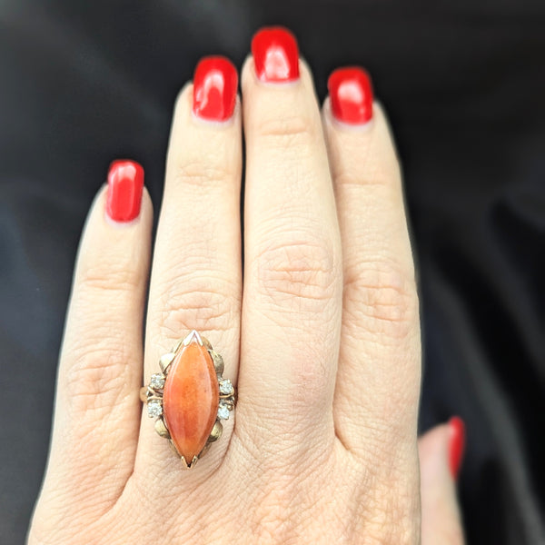 1940s Vintage Coral Diamonds 14k Yellow Gold Navette Cocktail Ring Retro Estate