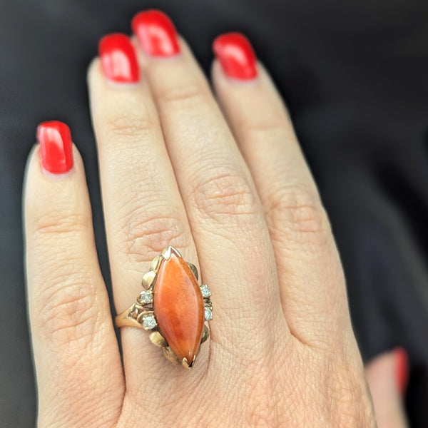 1940s Vintage Coral Diamonds 14k Yellow Gold Navette Cocktail Ring Retro Estate on hamd