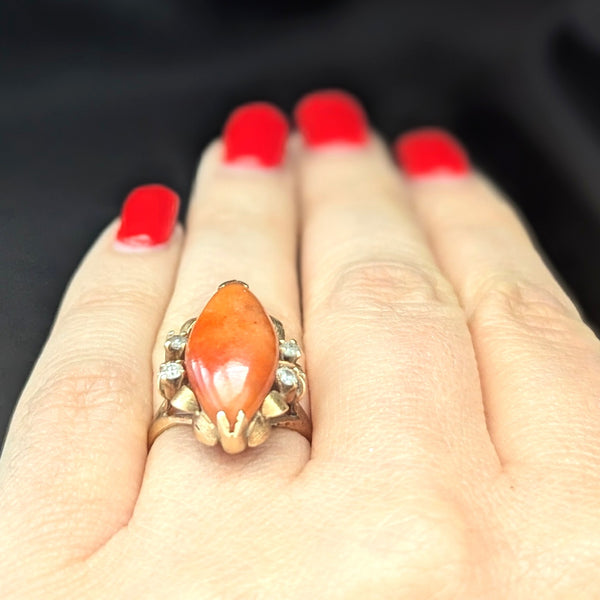 1940s Vintage Coral Diamonds 14k Yellow Gold Navette Cocktail Ring Retro Estate