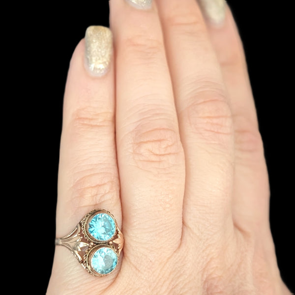 1940s Vintage Toi At Moi Blue Gemstone 14k Yellow Gold Ring Retro Era Estate