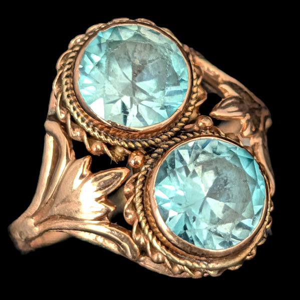 1940s Vintage Toi At Moi Blue Gemstone 14k Yellow Gold Ring Retro Era Estate