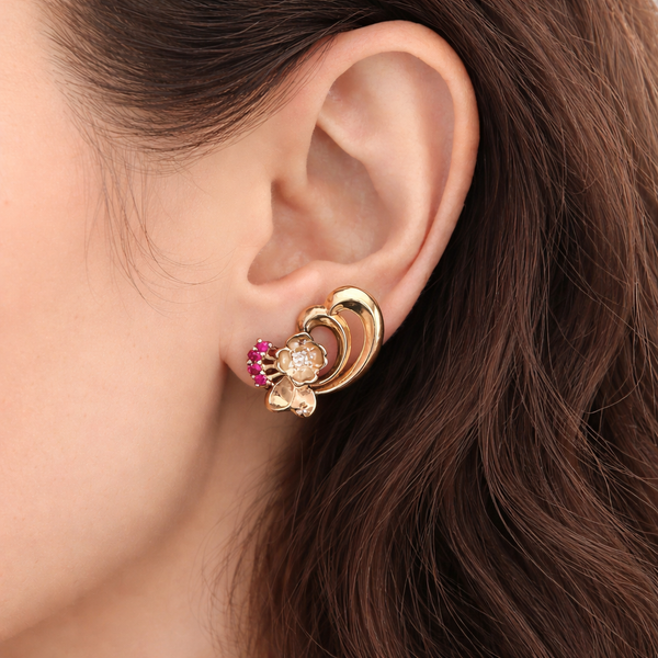 1940s Retro Era Diamonds Rubies 14k Rose Gold Earrings Floral Vintage Non Pierced on model