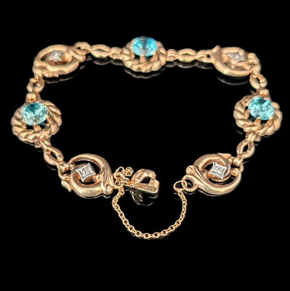 1940s Vintage Blue Zircon Diamonds 10K Yellow Gold Bracelet by ESEMCO Retro Gift 