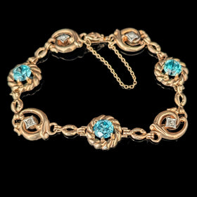 1940s Vintage Blue Zircon Diamonds 10K Yellow Gold Bracelet by ESEMCO Retro Gift 