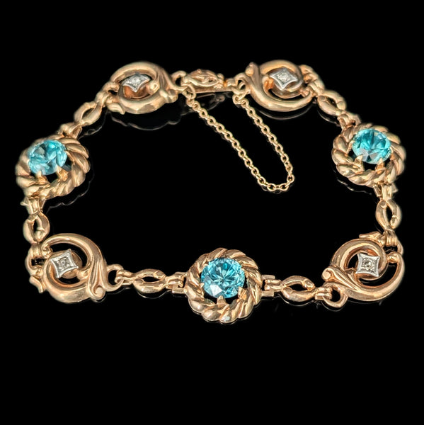 1940s Vintage Blue Zircon Diamonds 10K Yellow Gold Bracelet by ESEMCO Retro Gift 