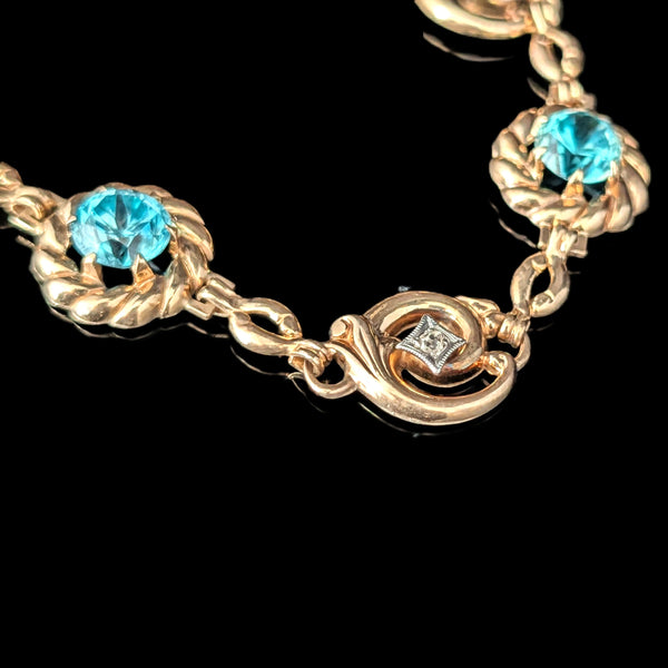 1940s Vintage Blue Zircon Diamonds 10K Yellow Gold Bracelet by ESEMCO Retro Gift 