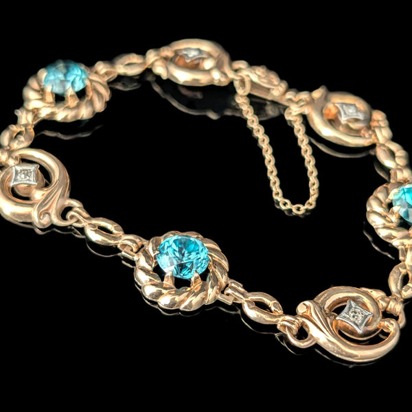 1940s Vintage Blue Zircon Diamonds 10K Yellow Gold Bracelet by ESEMCO Retro Gift 