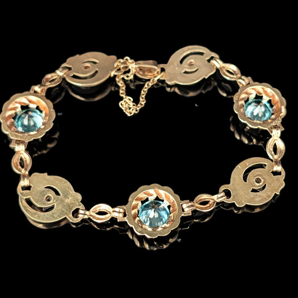 1940s Vintage Blue Zircon Diamonds 10K Yellow Gold Bracelet by ESEMCO Retro Gift 