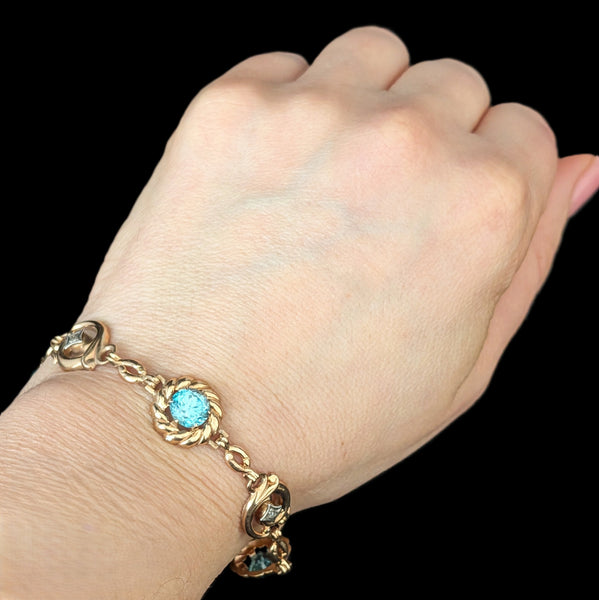 1940s Vintage Blue Zircon Diamonds 10K Yellow Gold Bracelet by ESEMCO Retro Gift 