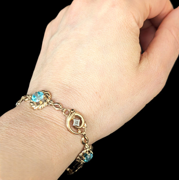 1940s Vintage Blue Zircon Diamonds 10K Yellow Gold Bracelet by ESEMCO Retro Gift 