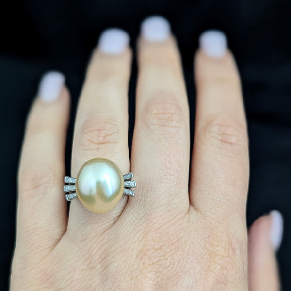1950s Large Golden Pearl Diamonds 14k White Gold Cocktail Ring Vintage Retro