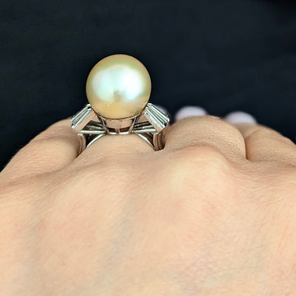 1950s Large Golden Pearl Diamonds 14k White Gold Cocktail Ring Vintage Retro