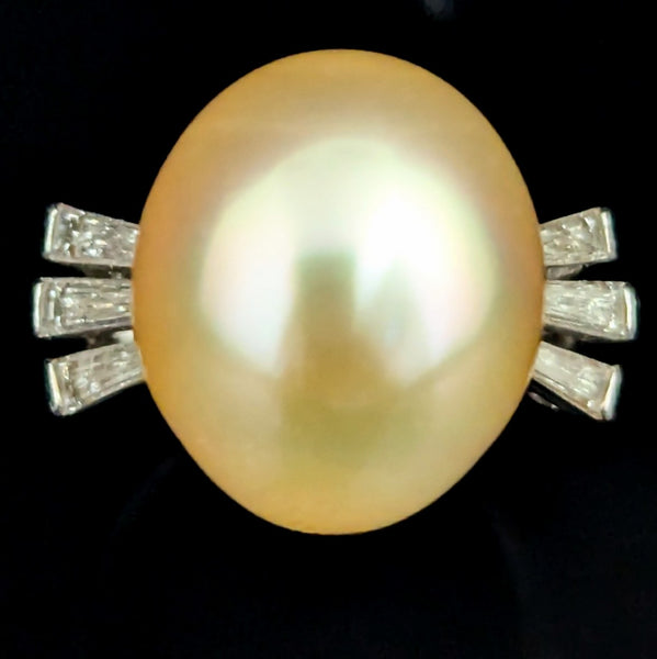 1950s Large Golden Pearl Diamonds 14k White Gold Cocktail Ring Vintage Retro