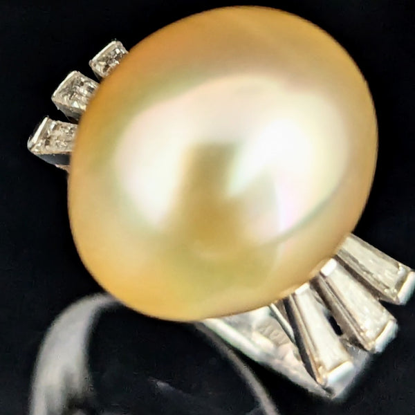 1950s Large Golden Pearl Diamonds 14k White Gold Cocktail Ring Vintage Retro