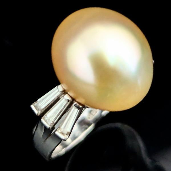 1950s Large Golden Pearl Diamonds 14k White Gold Cocktail Ring Vintage Retro
