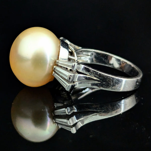 1950s Large Golden Pearl Diamonds 14k White Gold Cocktail Ring Vintage Retro