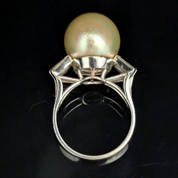 1950s Large Golden Pearl Diamonds 14k White Gold Cocktail Ring Vintage Retro