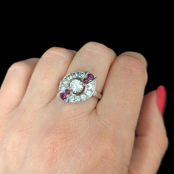 1950s Diamond Ruby 14k White Gold Ring Vintage Estate Jewelry Statement Gift