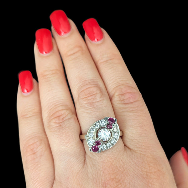 1950s Diamond Ruby 14k White Gold Ring Vintage Estate Jewelry Statement Gift