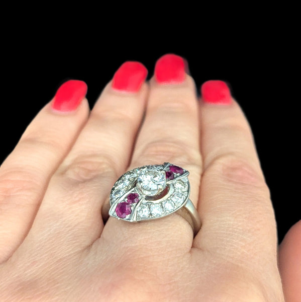 1950s Diamond Ruby 14k White Gold Ring Vintage Estate Jewelry Statement Gift